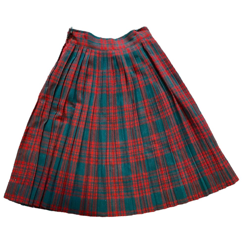 VTG JUNIOR HOUSE Milwaukee Pleated Red & Green Wool Plaid Skirt Christmas 60s S